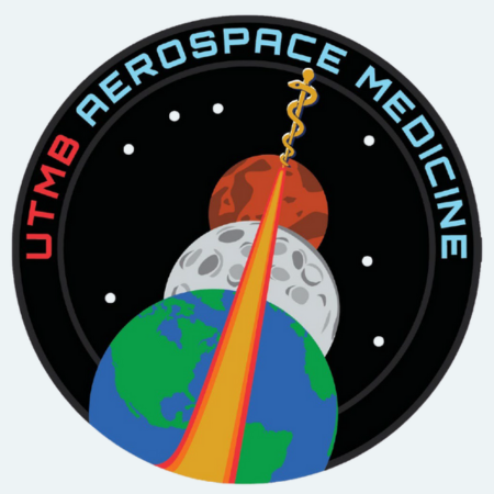 UTMB Aerospace Medicine emblem, represented by the Rod of Asclepius flying in space, over Earth, the Moon, and Mars