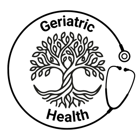 Graphic of a stethoscope going around two trees intertwined, with the words "Geriatric Health"