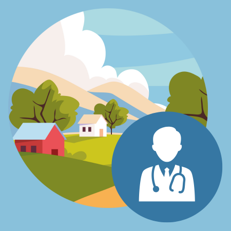 Rural landscape with homes and trees, overlaid with a healthcare provider icon